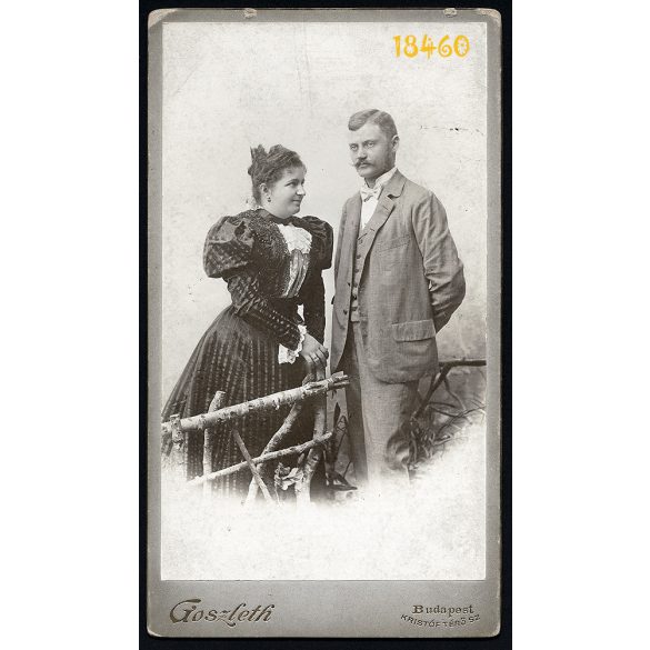 Goszleth István műterme, Hanisch György és neje portréja, különös háttér, nyírfakerítés, bajusz, Budapest, 1890-es évek, Eredeti nagyméretű kabinetfotó.   