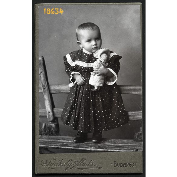 Székely Aladár műterme, Budapest, csinos kislány padon babával, játék, 1900-as évek, Eredeti CDV, vizitkártya fotó. 