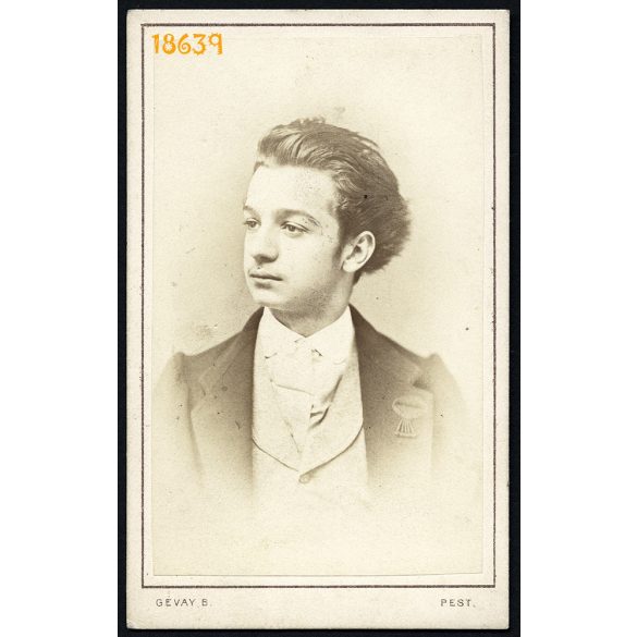 Gévay műterem, Pest, fiatal férfi potréja, 1870, 1870-es évek, Eredeti CDV, vizitkártya fotó.  