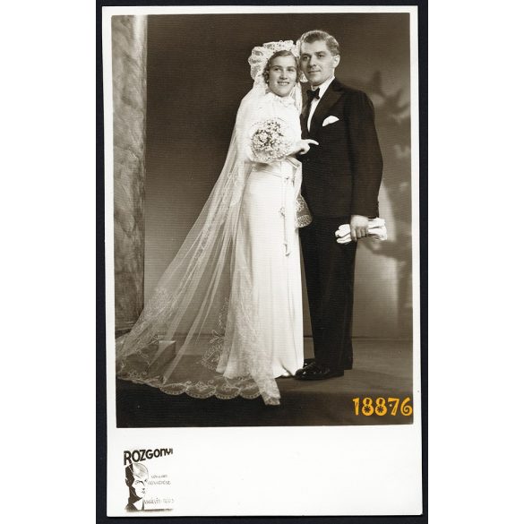 Rozgonyi műterem, Budapest, esküvő, menyasszony, ünnep, elegáns pár,  1937, 1930-es évek, Eredeti fotó, papírkép.   méret megközelítőleg (centiméterben): 8.5 x 13.5