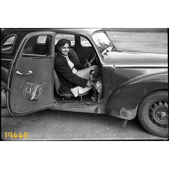 Skoda Tudor személygépkocsi, autó, jármű, közlekedés, hölgy kutyával, 1950-es évek, Eredeti fotó negatív. 
