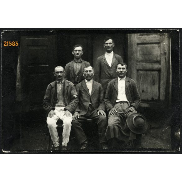 Nógrádmegyer, férfiak munkaruhában, Cserhát, Nógrád, falu, munkás, paraszt, 1920-as évek, Eredeti fotó, papírkép hátoldalon a szereplők nevei. 