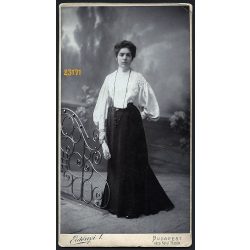   Erdényi műterem, elegáns hölgy legyezővel, festett háttér, Budapest, portré, 1900-as évek, Eredeti, nagyobb méretű kabinet fotó, jobb felső sarka törött.