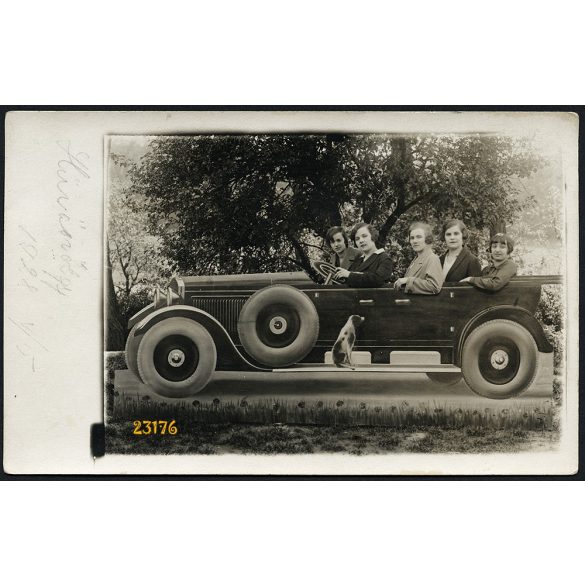 Lányok, kirándulók különös gépkocsiban, autó, vicces, Hűvösvölgy, Budapest, 1928, 1920-as évek, Eredeti fotó, papírkép.   
