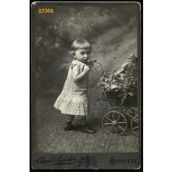   Schmidt Ágoston műterme, kislány játék babakocsival, Budapest, portré, 1910-es évek, Eredeti kabinet fotó.  