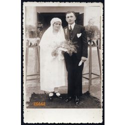   Domján fényképész, Pakod, Zala megye, falusi esküvő, vőlegény, menyasszony, 1920-as évek, Eredeti fotó, jelzett papírkép.  