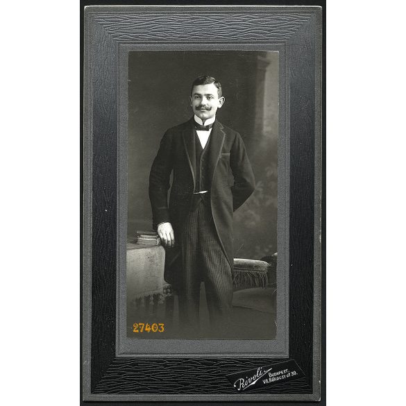 Rivoli műterem, Budapest, elegáns úr, Sebestyén Dezső portréja, bajusz, 1911, 1910-es évek, Eredeti nagyobb méretű (!) kabinet fotó.  
