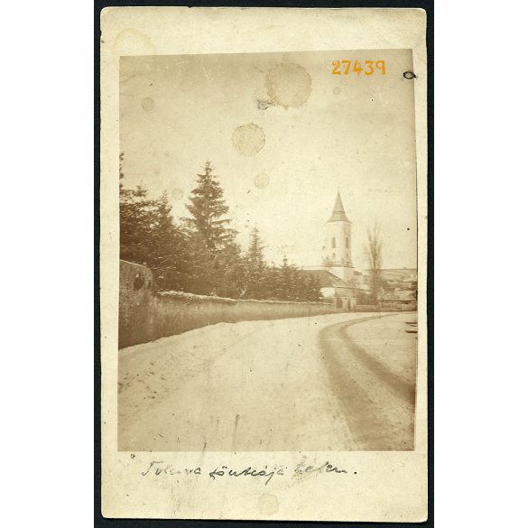 Tolcsva fő utcája télen, templom, 1914, 1910-es évek, Eredeti fotó, papírkép.   