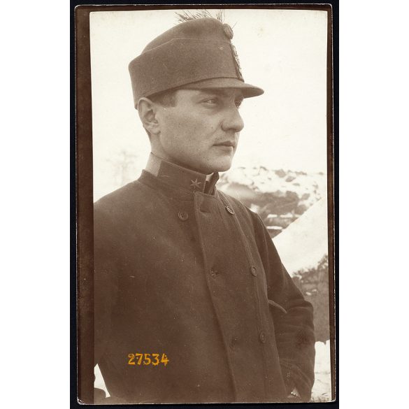 Magyar katona egyenruhában, 1. világháború, 1910-es évek, Eredeti fotó, papírkép hátoldalán felirattal.   
