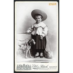   Elbl és Pietsch műterem, Budapest, kislány padon, játék kutyával, kalapban, 1890-es évek, Eredeti CDV, vizitkártya fotó.  