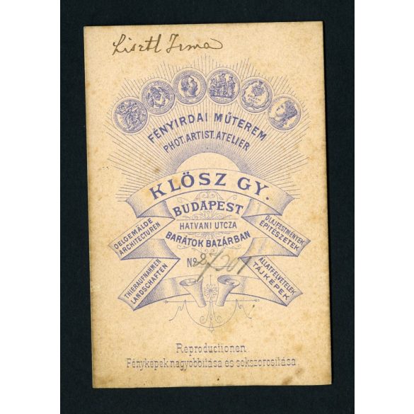 Klösz György műterme, Budapest, Lisztl Irma portréja, fiatal lány, 1870-es évek, Eredeti CDV, vizitkártya fotó.  