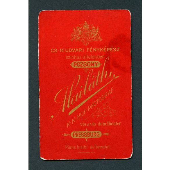 Mailáth műterem, Pozsony, Felvidék, elegáns szakállas úr portréja, 1890-es évek, Eredeti CDV, vizitkártya fotó gyönyörű piros hátlappal.   
