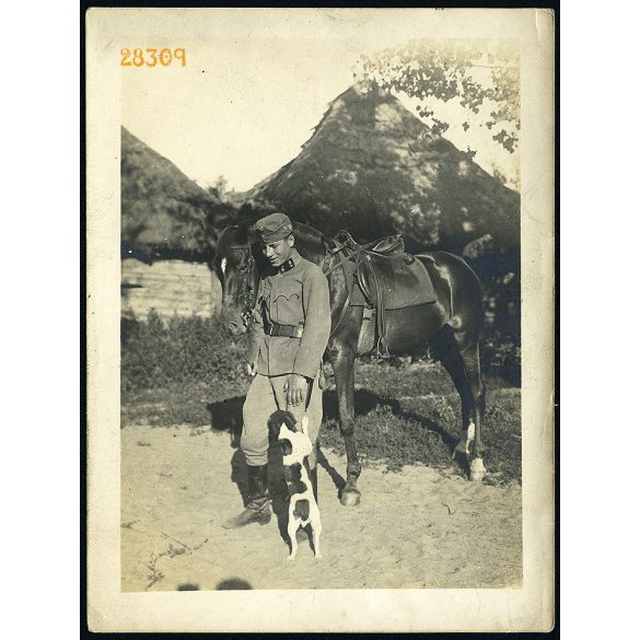 Magyar katona egyenruhában, lóval, kutyával, sapkajelvény, 1. világháború, 1910-es évek, keleti hadszíntér, Eredeti fotó, papírkép.   