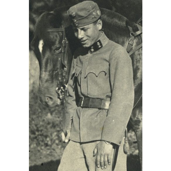 Magyar katona egyenruhában, lóval, kutyával, sapkajelvény, 1. világháború, 1910-es évek, keleti hadszíntér, Eredeti fotó, papírkép.   