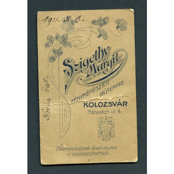 Szigethy Margit műterme, Kolozsvár, Erdély, Kovács Eszti portréja, 1911, 1910-es évek, Eredeti CDV, vizitkártya fotó, a fotó bal alja sérült.  