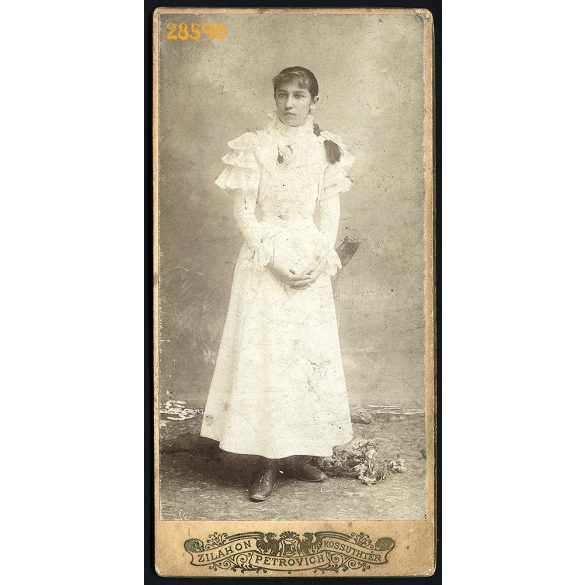 Petrovich műterem, Zilah, Erdély, csinos lány portréja, copf, 1890-es évek, Eredeti  kabinetfotó. 