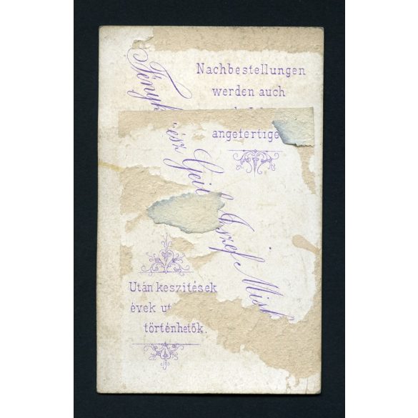 Geil műterem, Miskolc, elegáns fiú portréja, 1860-as évek, Eredeti CDV, vizitkártya fotó, hátulja sérült.   