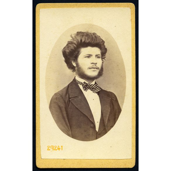 H. Finke műterem, fiatal férfi különös frizurával, 1880-as évek, Eredeti CDV, vizitkártya fotó gyönyörű hátlappal. 