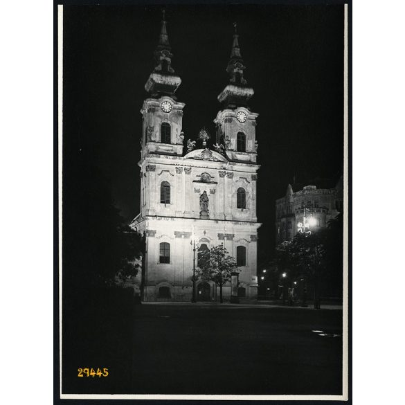 Nagyobb méret, Budapest éjszaka, Szt. Anna templom, Batthyány tér, 1930-as évek, Eredeti fotó, papírkép.  