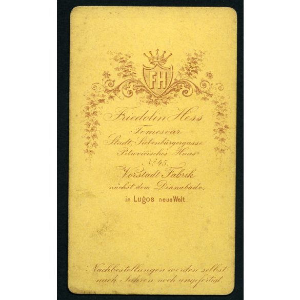Hess műterem, Temesvár (Lugos), Erdély,  elegáns úr különös szakállal, bajusz, 1860-as évek, Eredeti CDV, vizitkártya fotó. 