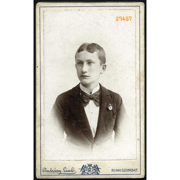 Andrássy műterem, Rimaszombat, Felvidék, elegáns fiú, 'Andor' portréja, 1880-as évek, Eredeti CDV, vizitkártya fotó, hátoldalon a mester arcképe.   