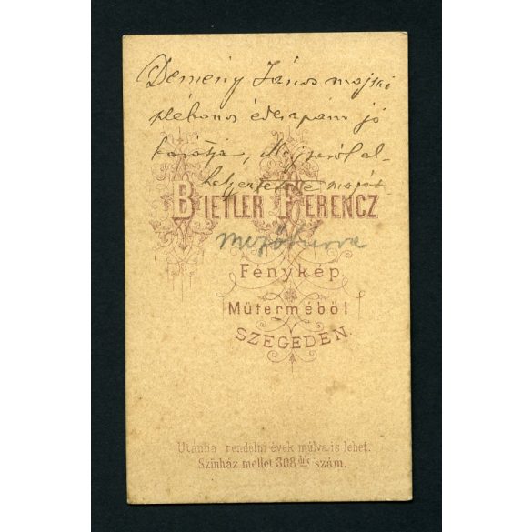 Bietler műterem, Szeged, Demény János kiskunmajsai, később mezőtúri plébános, elegáns férfi, ismert, egyház, 1860-as évek, Eredeti CDV, vizitkártya fotó. 