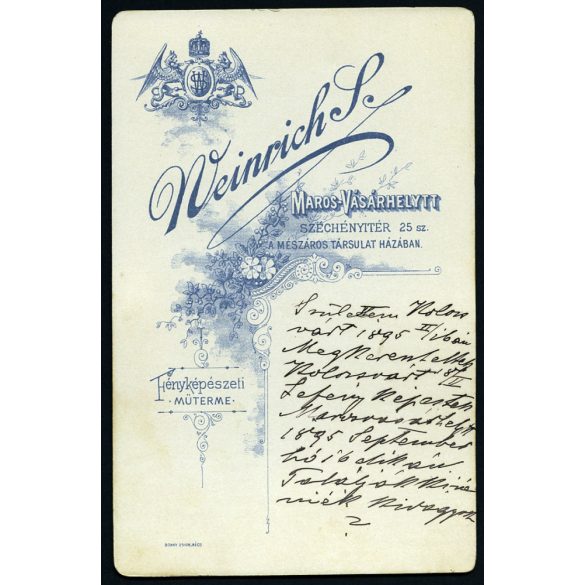 Weinrich műterem, Marosvásárhely, Erdély, portré, 1895. IX. 16, 1890-es évek, Eredeti kabinetfotó, hátoldalán tündéri szöveggel.  