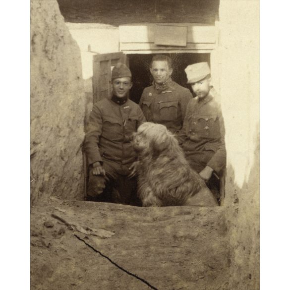 Magyar katonák 'tábori kutyával', lövészárok, egyenruha, különös, 1. világháború, 1910-es évek, Eredeti fotó, papírkép, alján törésnyom.  