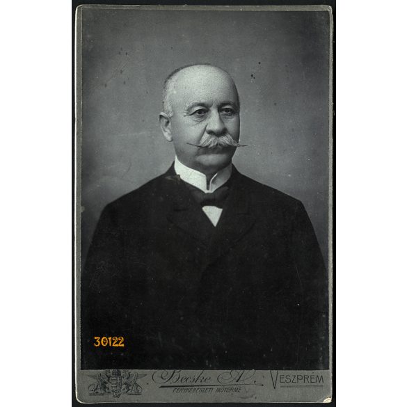 Becske műterem, Veszprém, Szőnyeghi Alajos zirci főszolgabíró, elegáns bajuszos úr portréja, 1907., 1900-as évek, Eredeti szignózott kabinetfotó.  