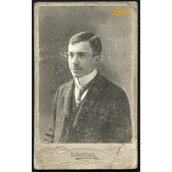 Scherling műterem, Szatmár, Erdély, elegáns férfi bajusszal, nyakkendő, 1900-as évek, Eredeti CDV, vizitkártya fotó gyönyörű hátlappal.   