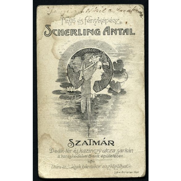 Scherling műterem, Szatmár, Erdély, elegáns férfi bajusszal, nyakkendő, 1900-as évek, Eredeti CDV, vizitkártya fotó gyönyörű hátlappal.   