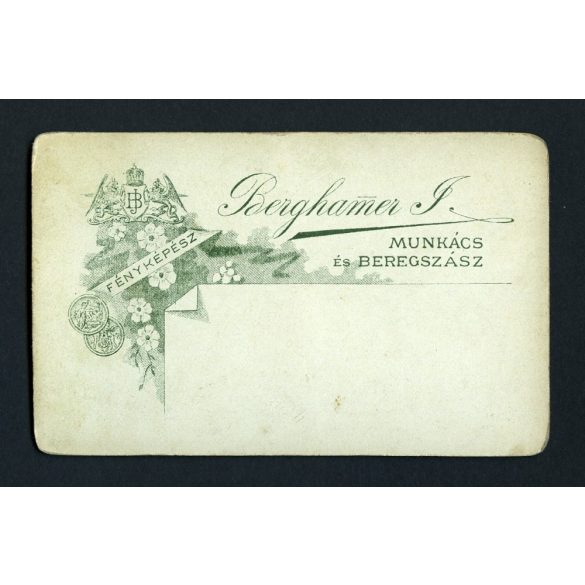 Berghamer műterem, Munkács, Kárpátalja, elegáns férfi bajusszal, 1890-es évek, Eredeti CDV, vizitkártya fotó.  