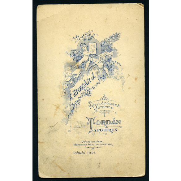Botár műterem, Torda, Erdély, elegáns hölgyek portréja, anya-lánya (?), gyönyörű festett háttér, 1880-as évek, Eredeti nagyméretű (!) kabinetfotó, felső sarkán törésnyom.   