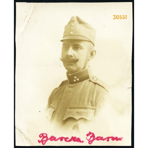 Magyar katona, Barcza Barna a debreceni cs. és kir. 39. gyalogezred őrmestere, egyenruha, bajusz, 1. világháború, Debrecen, 1916, 1910-es évek, Eredeti szignózott fotó, papírkép.  