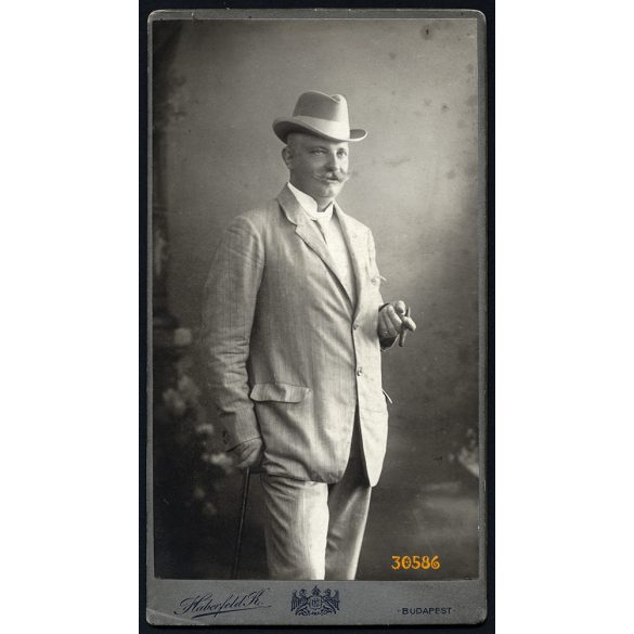 Haberfeld műterem, Budapest, elegáns úr portréja, szivar, bajusz, kalap, sétapálca, 1910-es évek, 1911, Eredeti szignózott kabinetfotó.