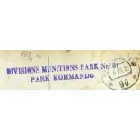 Katona egyenruhában, cigarettával,  'Divisions Munitions Park Nr. 31 Park Kommando', 1. világháború, 1910-es évek, Eredeti fotó, papírkép, hátoldalán katonai pecsét a jelzett felirattal.  