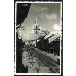   Utcarészlet, város, Beszterce, Felvidék, 'Beszterce visszatért' bélyegzővel, 1940., 1940-es évek, Eredeti fotó képeslap, papírkép.  