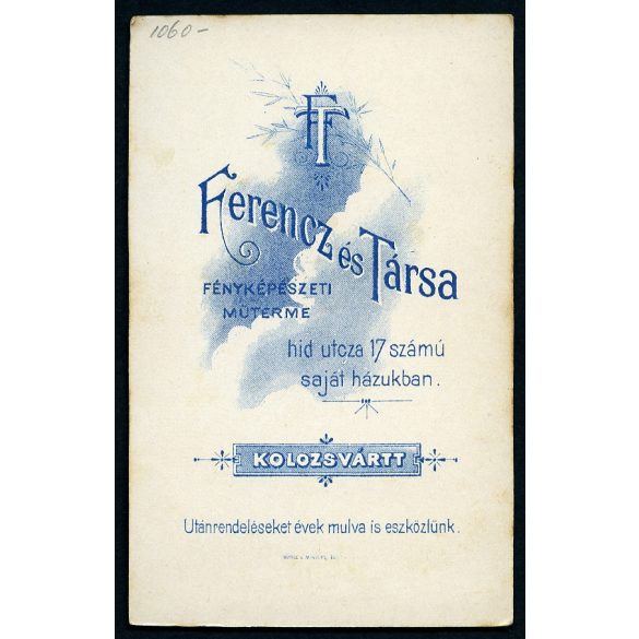 Ferencz és Társa műterem, Kolozsvár, Erdély,  elegáns karcsú nő gyönyörű ruhában, nyaklánc, ékszer, portré, 1880-as évek, Eredeti CDV, vizitkártya fotó.  