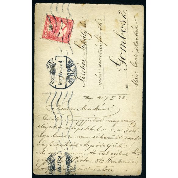 Kazetzky M. amatőr szignózott fotója, magyar katona egyenruhában, 1. világháború, 1917, 1910-es évek, Eredeti fotó, papírkép, Gombosra címezve, felülete foltos.