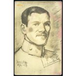 Magyar katona egyenruhában, 1. világháború, egy katona önarcképének eredeti lefotózott változata képeslapként elküldve, 1917, 1910-es évek. Eredeti fotó, papírkép. 