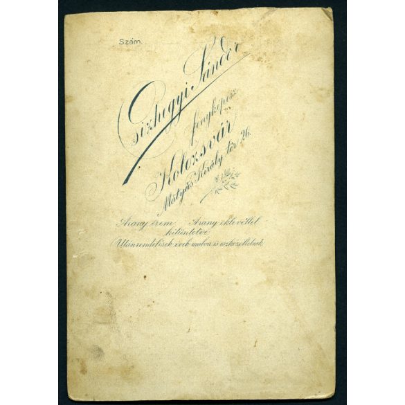 Csizhegyi műterem, Kolozsvár, Erdély, elegáns hölgy különös ruhában, portré, 1890-es évek, Eredeti kabinetfotó, teteje vágott.  