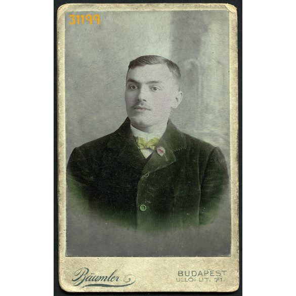 Baumler műterem, Budapest, elegáns férfi bajusszal, 1907, 1910-es évek, Eredeti CDV, kézzel színezett vizitkártya fotó.  