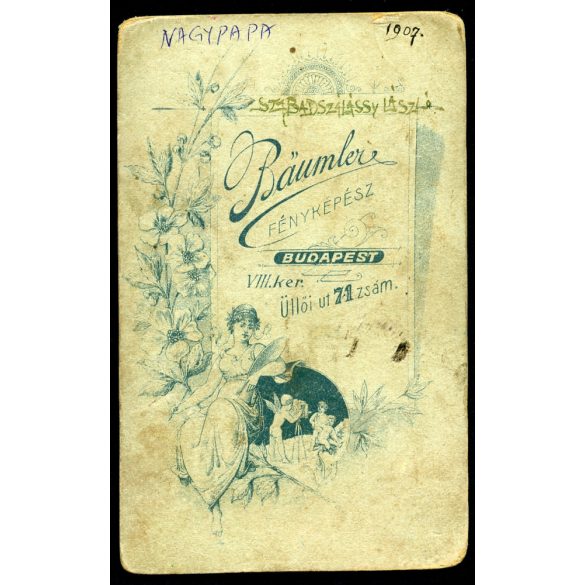 Baumler műterem, Budapest, elegáns férfi bajusszal, 1907, 1910-es évek, Eredeti CDV, kézzel színezett vizitkártya fotó.  