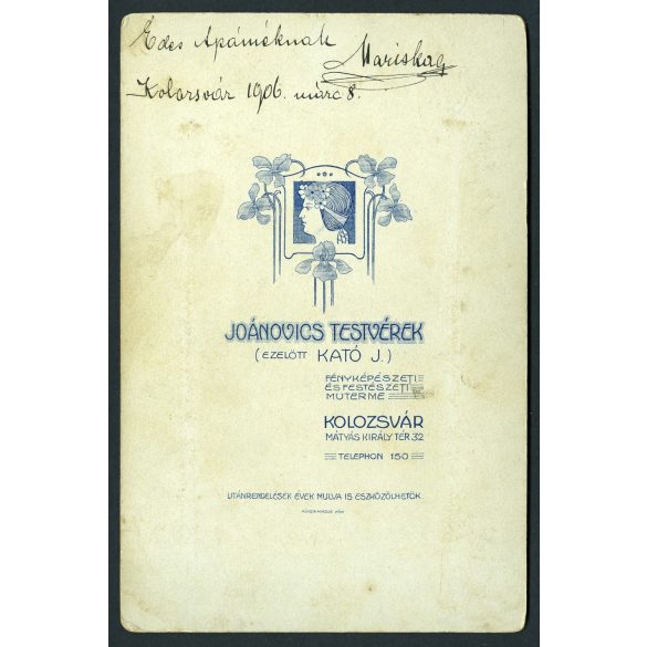 Joánovics Testvérek műterme, Kolozsvár, Erdély, elegáns hölgy, 'Mariska' portréja, helytörténet, 1906, 1900-as évek, Eredeti, szignózott, hátulján feliratozott kabinetfotó. 