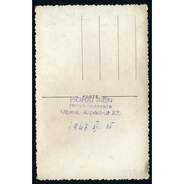 Mohai Irén fényképészete, Újpest (Budapest), menyasszony portréja, esküvő, ünnep, helytörténet, 1947, 1940-es évek, Eredeti fotó, pecséttel jelzett papírkép. 