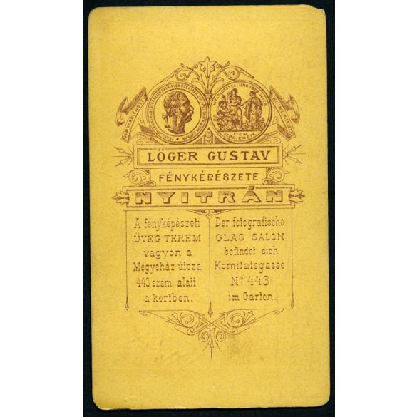 Löger Gusztáv műterme, Nyitra, Felvidék, elegáns hölgy gyönyörű modern ruhában, ékszer, divat,  1870-es évek, Eredeti CDV, vizitkártya fotó érdekes hátlappal, felülete kissé foltos.   