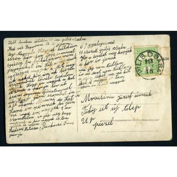 69-es gyalogezred 13. század, Piliscsabáról Pécelre címezve, magyar katonák egyenruhában, érdemrend, bajusz, 1913, 1910-es évek, Eredeti fotó, papírkép. 
