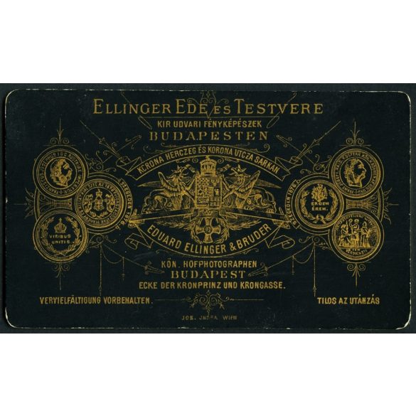 Ellinger Ede és Testvére műterem, Budapest, magyar katona egyenruhában, portré, bajusz, 1870-es évek, Eredeti CDV, vizitkártya fotó gyönyörű hátlappal. 