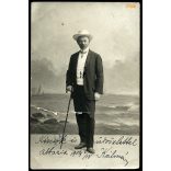 Jelussich műterem, Abbázia, Baráth Kálmán portréja, bajusz, sétapálca, 1904, 1900-as évek, Eredeti képeslap fotó Budapestre címezve, papírkép alsó harmadán szakadás.