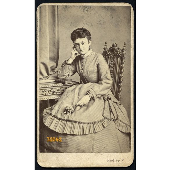 Bietler műterem, Szeged, elegáns könyvön könyöklő hölgy virággal, faragott szék, 1860-as évek, Eredeti CDV, korai vizitkártya fotó. 
